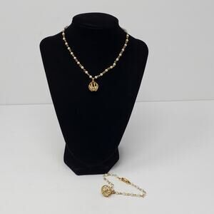 Celebrity brand dainty caged pearl gold tone choker with matching bracelet
